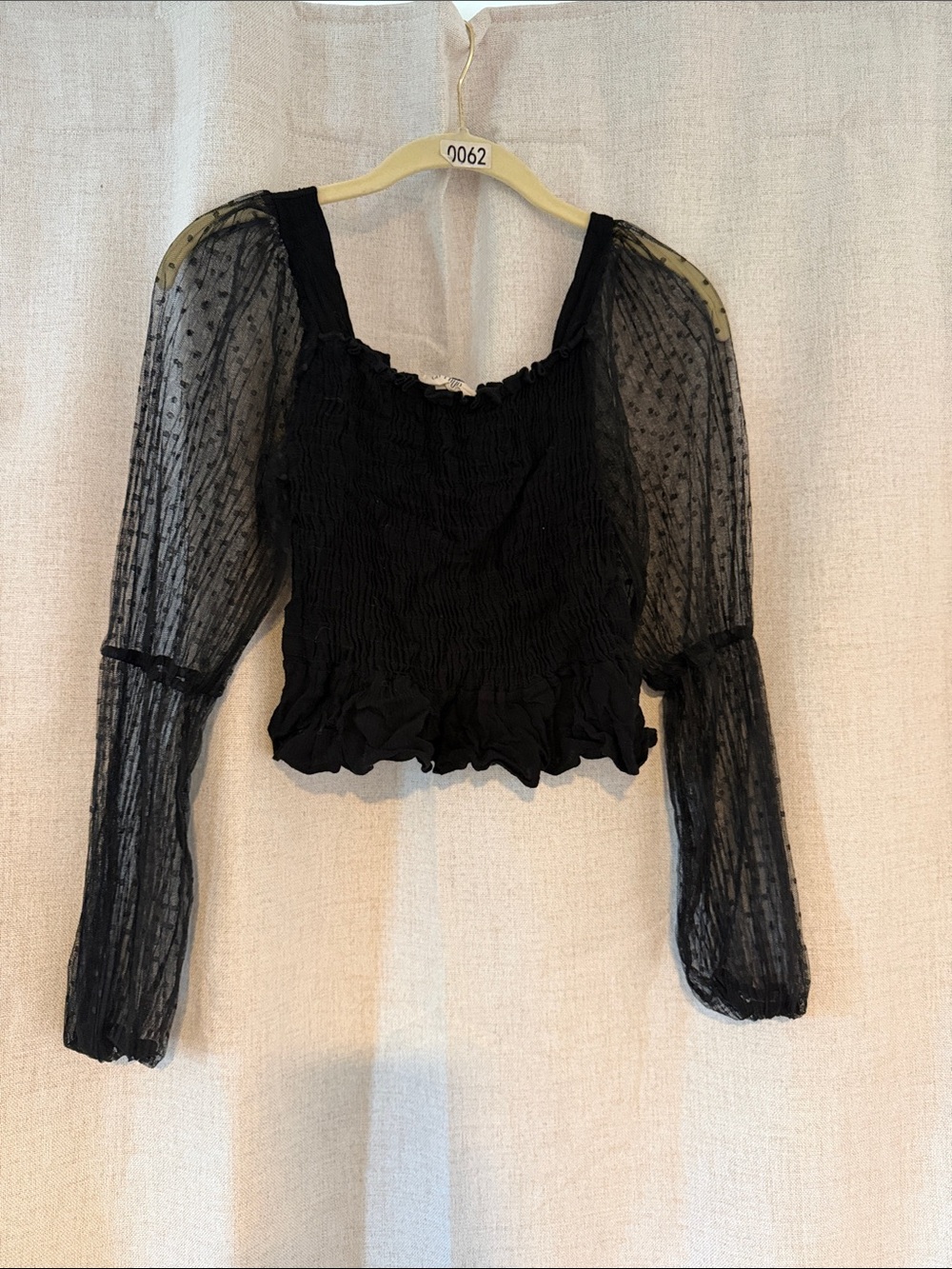 Sheer-Sleeve Smocked Crop Top - Black
